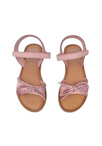 Sandali in pelle rosa con dettaglio di fiocco in perline, design con punta aperta, cinturino alla caviglia regolabile e suola ammortizzata. Numero 32.