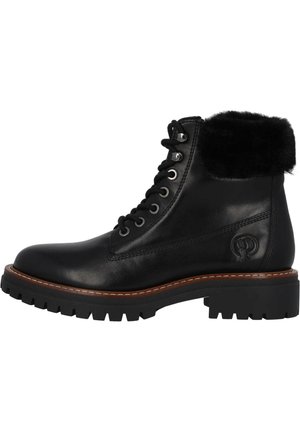 Black leather ankle boot with a fuzzy black collar, lace-up front, metal eyelets, and a textured rubber sole. Features a branded accent.