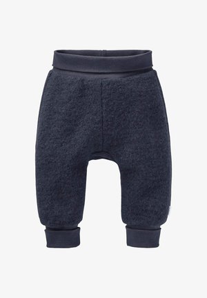 Dunkelgraue Fleece-Babypants mit elastischem Bund und schmalen Bündchen, vor einem weißen Hintergrund abgebildet.