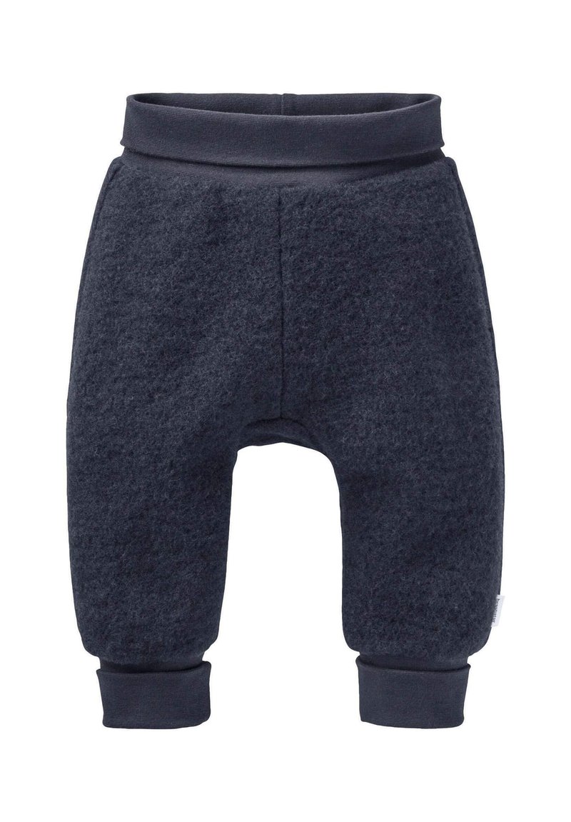 Donkergrijze fleece babybroek met elastische tailleband en aansluitende manchetten, weergegeven tegen een witte achtergrond.