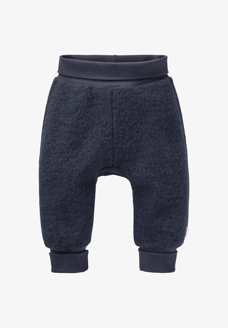 Donkergrijze fleece babybroek met elastische tailleband en aansluitende manchetten, weergegeven tegen een witte achtergrond.