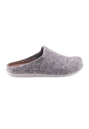Grijze instap wollen vilten pantoffel met een zachte bruine binnenvoering en een witte rubberen zool, met label "Shepherd" aan de zijkant.