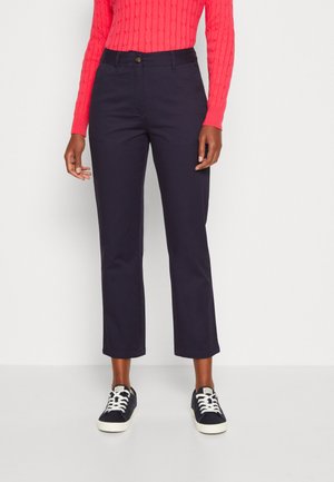 Marineblauwe katoenen broek met een recht model, een middelhoge taille, voorzakken en een klassieke knoopsluiting.