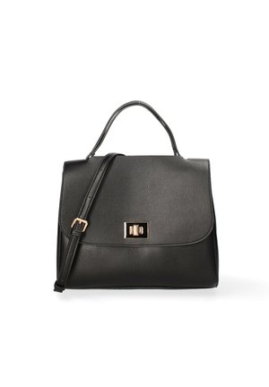 Borsa a mano nera in ecopelle con forma strutturata, manico superiore e tracolla staccabile. Presenta una chiusura in metallo dorato.