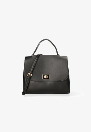 Borsa a mano nera in ecopelle con forma strutturata, manico superiore e tracolla staccabile. Presenta una chiusura in metallo dorato.