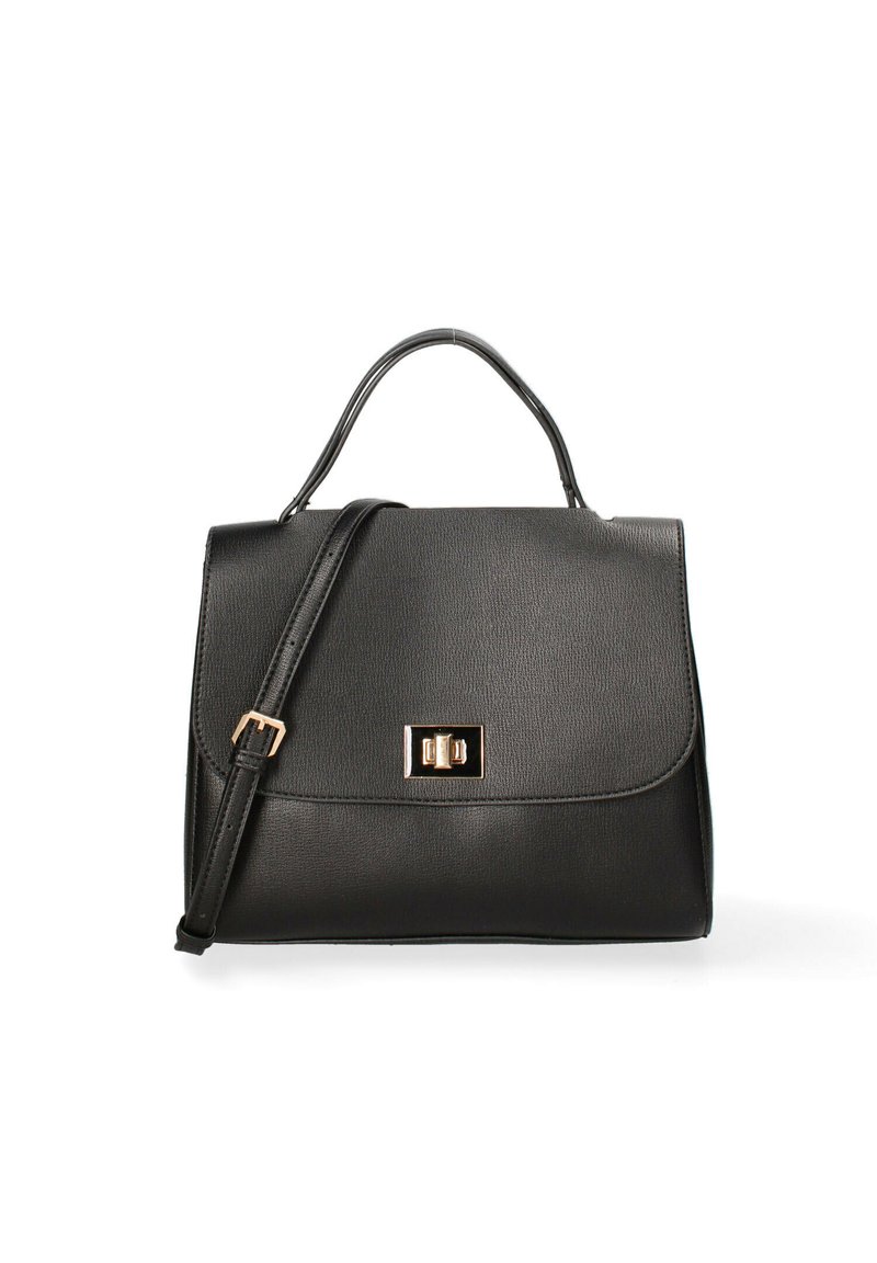 Borsa a mano nera in ecopelle con forma strutturata, manico superiore e tracolla staccabile. Presenta una chiusura in metallo dorato.