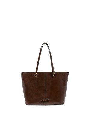 Borsa tote in pelle marrone scuro con due spallacci e una piccola etichetta cucita nella parte inferiore centrale.