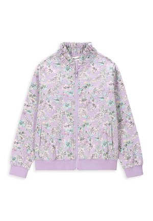 Veste zippée lilas avec taille et poignets élastiques, col à volants et motif floral en blanc, sarcelle et beige.