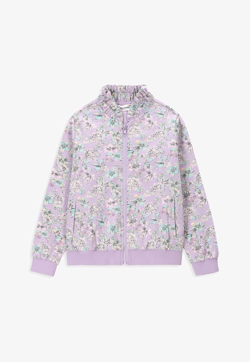 Veste zippée lilas avec taille et poignets élastiques, col à volants et motif floral en blanc, sarcelle et beige.