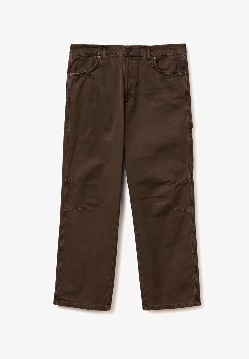 Brown straight-leg work pants with front pockets, belt loops, reinforced stitching, and a side tool loop on the right leg.