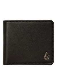 Billetera de cuero negro con una superficie texturada, presenta un acento de logo plateado y bordes cosidos. Forma rectangular con un perfil delgado.