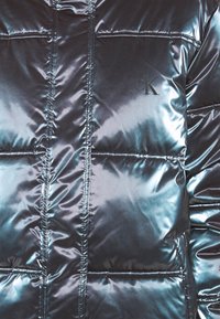 Puffjacka i glansigt, mörkblått material, med sydda sektioner, sidofickor och en subtil tryckt logotyp på bröstet.