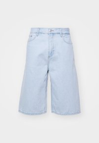 Light blue denim shorts with a loose fit, featuring a high waist, five pockets, and a zip fly. Clean edges with minimal fading.