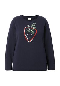 Marineblaues Sweatshirt mit einem Erdbeerdesign in roter und grüner Stickerei, langen Ärmeln und rundem Ausschnitt.