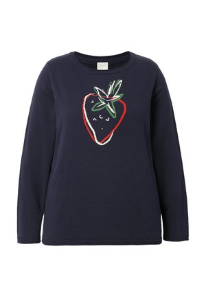 Felpa blu navy con design di fragole in ricami rossi e verdi, maniche lunghe e scollatura tonda.