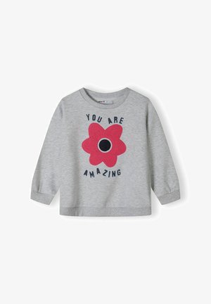 Sweatshirt gris à manches longues avec un col en rib. Présente un graphisme de fleur rose et un texte bleu marine indiquant "VOUS ÊTES INCROYABLE". Texture du tissu douce.