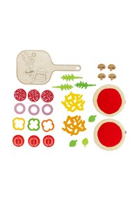 Wooden pizza paddle with illustration, plus felt toppings in red, green, yellow, and beige, including pepperoni, mushrooms, and vegetables.