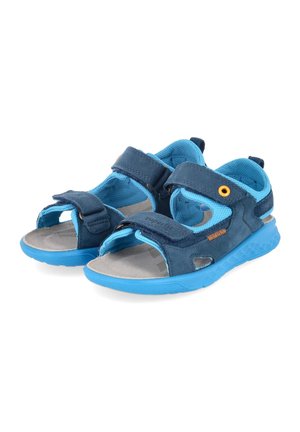 Blaue Kindersandalen mit offenem Zehenbereich, verstellbaren Riemen, gepolsterten Sohlen und Netzfutter, die für Komfort und den Außeneinsatz entwickelt wurden.