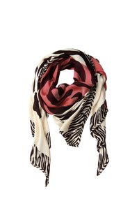Silk tørklæde med et blomstermotiv i nuancer af pink og mørkerød, med zebrastriber i brunt på en cremefarvet baggrund.