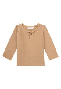 Beige gestrickter Pullover mit langen Ärmeln, Rundhalsausschnitt und einer vorderen Knopfleiste. Verfügt über ein strukturiertes Muster im gesamten Stoff.