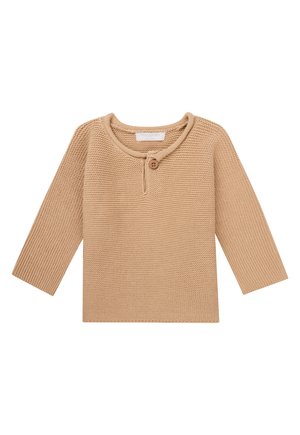 Beige gestrickter Pullover mit langen Ärmeln, Rundhalsausschnitt und einer vorderen Knopfleiste. Verfügt über ein strukturiertes Muster im gesamten Stoff.