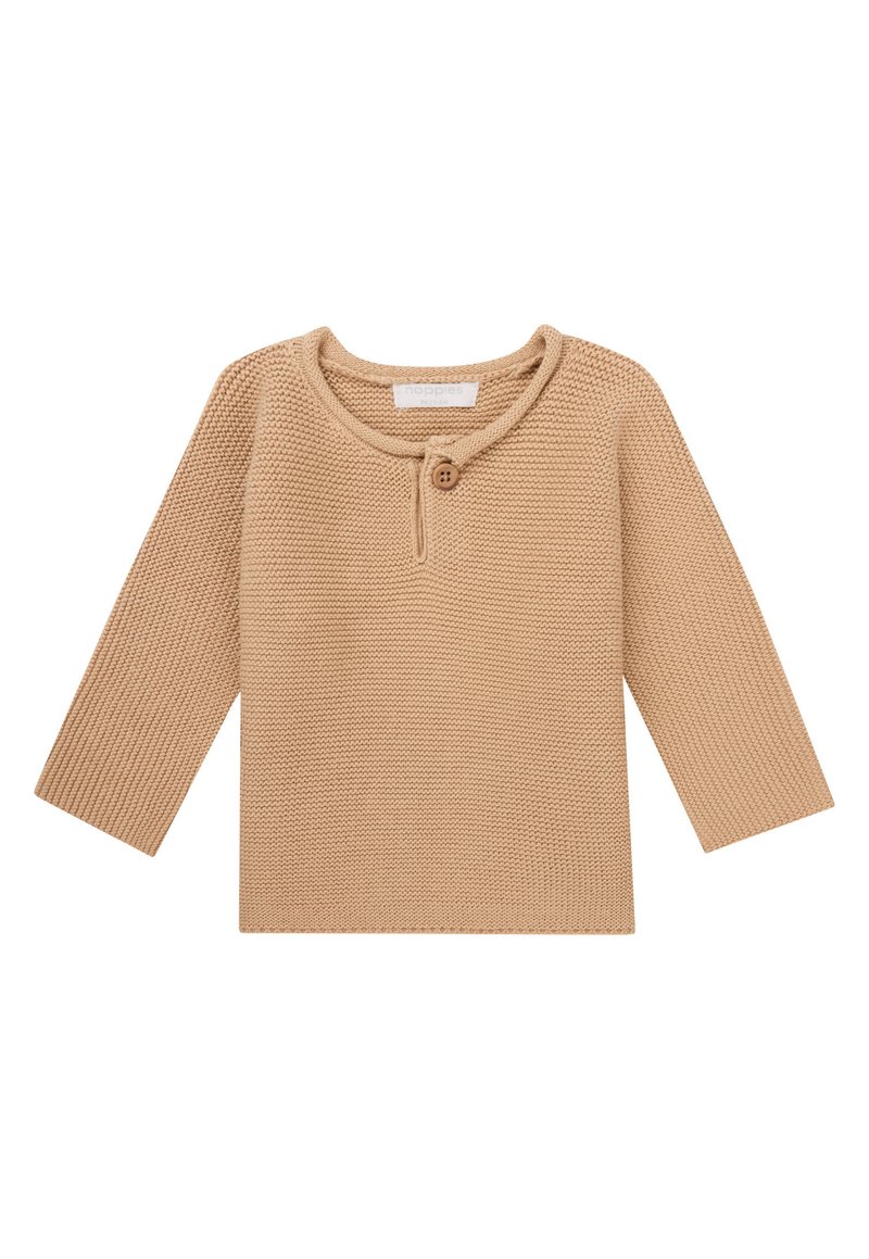 Beige gestrickter Pullover mit langen Ärmeln, Rundhalsausschnitt und einer vorderen Knopfleiste. Verfügt über ein strukturiertes Muster im gesamten Stoff.