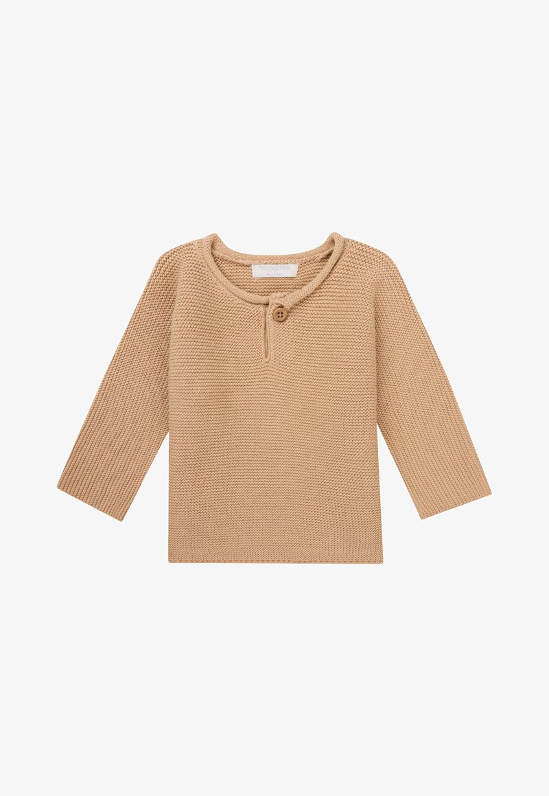 Beige gebreide trui met lange mouwen, ronde hals en een sluiting met knopen aan de voorkant. Bevat een textuurpatroon over het geheel.