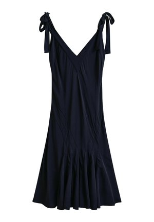 Robe midi noire sans manches avec décolleté en V, jupe froncée et bretelles ajustables à nouer.