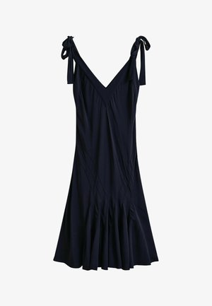 Schwarzes ärmelloses Midikleid mit V-Ausschnitt, gerafftem Rock und verstellbaren Trägern zum Binden an den Schultern.