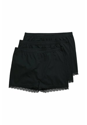 Zwarte katoenen shorts, voorzien van een zachte kanten rand langs de zoom, met een elastische tailleband. Drie paar inbegrepen in de set.