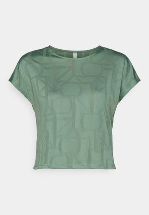 Green short-sleeve t-shirt made from lightweight fabric features a tonal geometric pattern. Round neckline and relaxed fit with side seams.
