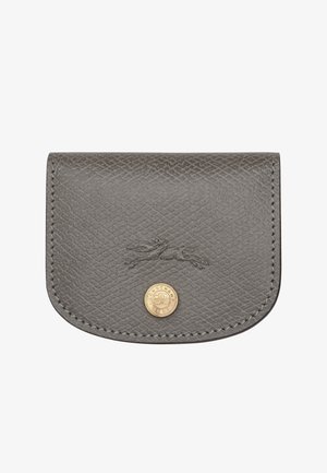 Gray textured leather wallet with stitched edges, embossed running horse logo, and a round gold button engraved with brand name.
