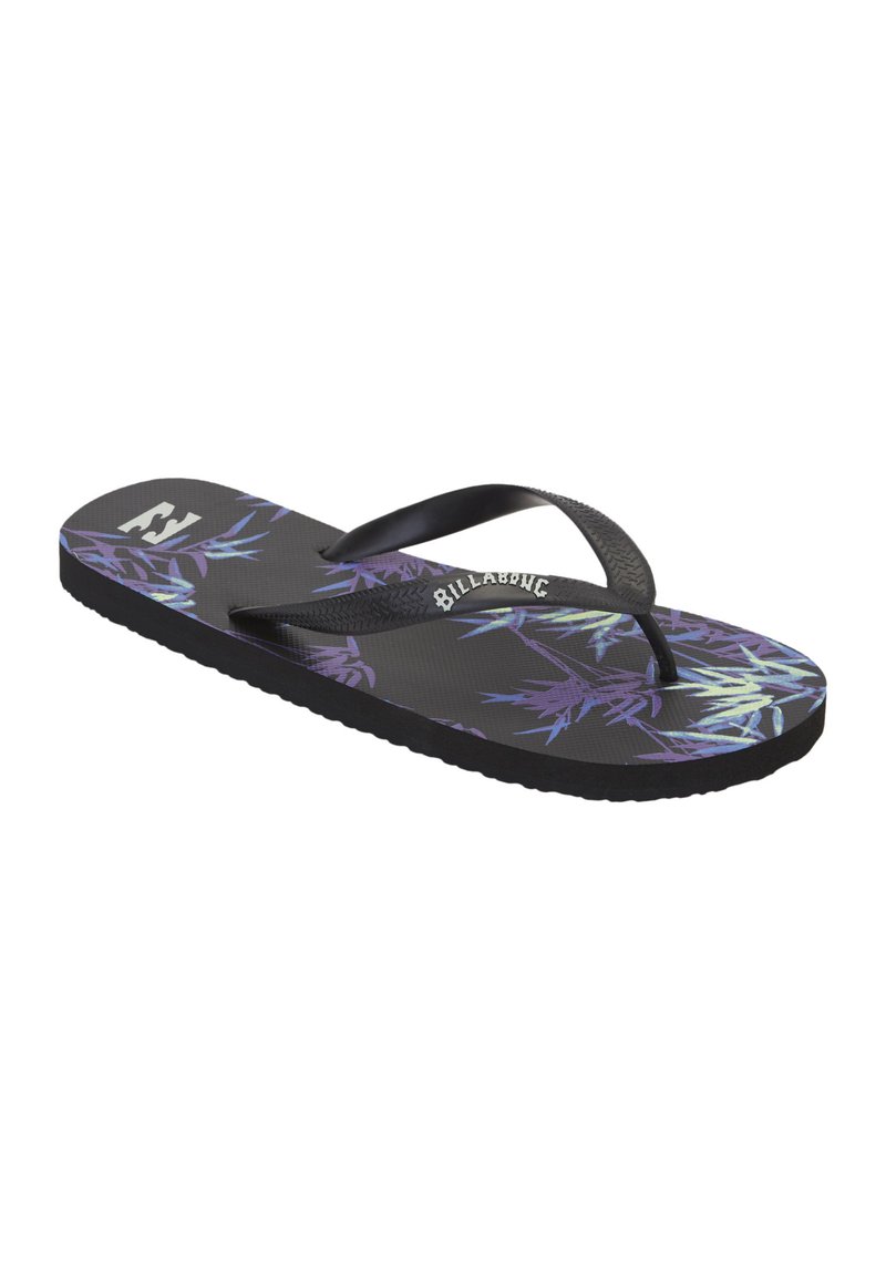 Infradito neri con suola in gomma testurizzata, caratterizzati da un design di foglie di bambù viola e una cinghia nera. Logo Billabong sulla soletta.
