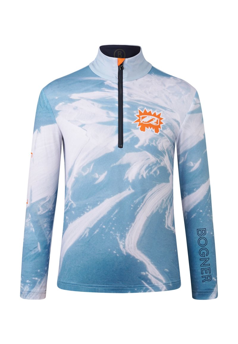 Blå og hvid langærmet zip-up top med bølgemønster, orange logo på brystet og "BOGNER" tekst på ærmet.