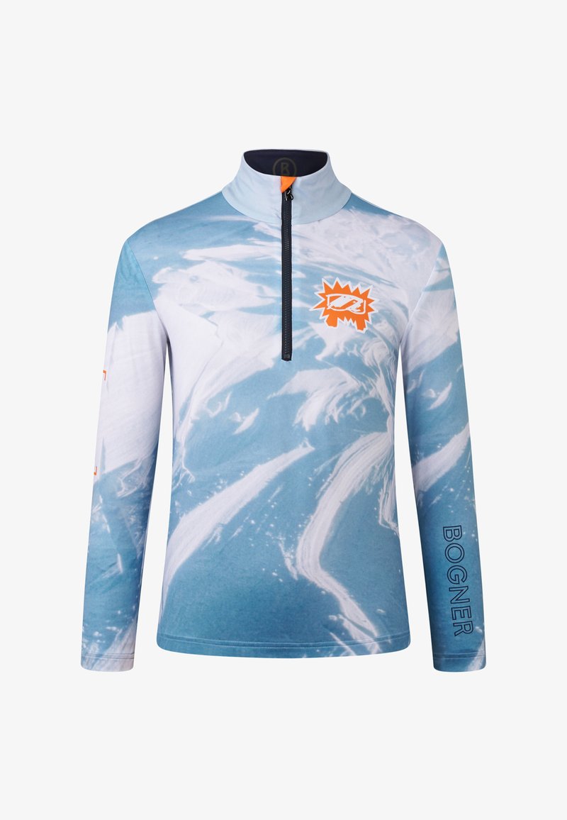 Langärmliges, blau-weißes Zip-Up-Oberteil mit Wellenmuster, orangefarbenem Logo auf der Brust und "BOGNER"-Schriftzug am Ärmel.