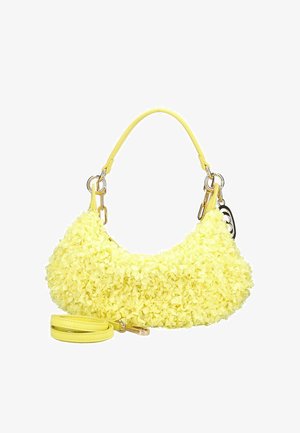 Gelbe Handtasche, bedeckt mit kleinen Stoffblumen, mit kurzem Griff, abnehmbarem langen Riemen und goldfarbenen Metallbeschlägen.