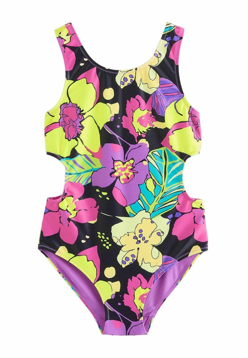 Blomstret ét-stykke badedragt med levende pink, gul og grøn tropiske mønstre på en sort baggrund; udskæringer i siden; glat tekstur.