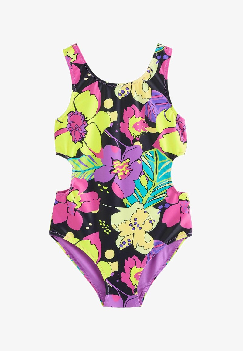 Blomstret ét-stykke badedragt med levende pink, gul og grøn tropiske mønstre på en sort baggrund; udskæringer i siden; glat tekstur.