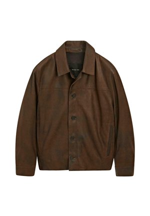 Brown leather jacket with a button front, spread collar, and two side pockets. Features a smooth texture and a relaxed fit design.