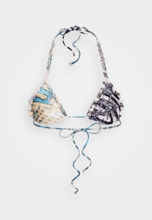 Haut de bikini triangulaire mettant en avant un mélange de motifs bleus et noirs, décoré de perles rondes et de fines lanières spiralées pour ajustement.