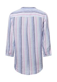 Striped shirt in soft cotton; features blue, pink, and white vertical stripes, long sleeves, a button cuff, and a rounded hemline.