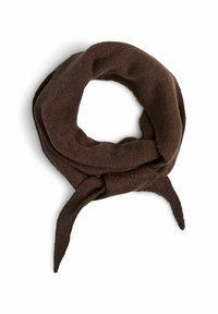 Écharpe en laine marron, formée en une boucle continue, avec une texture douce et des extrémités effilées nouées ensemble pour un style sécurisé.