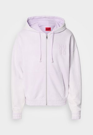 Lilla zip-up hettegenser med elastiske mansjetter og nederkant, med det broderte logoet "HUGO" på brystet og snor i hetta. Mykt, strukturert stoff.