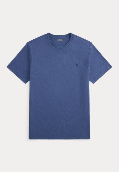 Μπλε T-shirt με κοντά μανίκια και στρογγυλή λαιμόκοψη με μικρό κεντημένο λογότυπο στην αριστερή πλευρά του στήθους, μονόχρωμο σχέδιο.