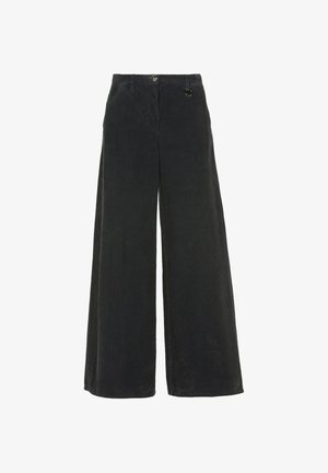 Pantaloni largi din corduroy negri, cu un model texturat, având închidere cu buton și un detaliu din metal sub formă de inel pe talie.