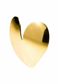 Goldener herzförmiger Wandhaken mit einer glatten, glänzenden Oberfläche und zwei geschwungenen Linien an der Spitze. Einfaches Design, geeignet für dekorative oder funktionale Nutzung.