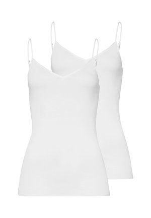 Dwa gładkie białe topy na ramiączkach z cienkimi regulowanymi paskami, dekoltem w szpic i dopasowanym krojem na białym tle.