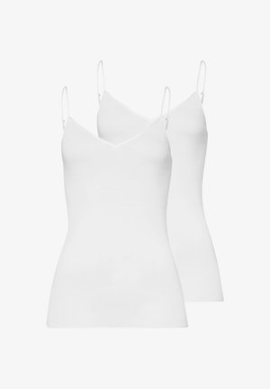 Deux débardeurs blancs unis avec bretelles fines réglables, encolure en V, et silhouette ajustée sur fond blanc.