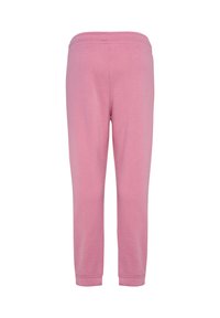 Pantalones de algodón rosas con una textura suave, cintura elástica y diseño hasta el tobillo. Presentan un corte sencillo y sin patrones o detalles visibles.