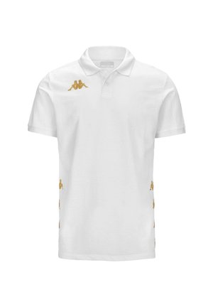 Polo bianco con logo Kappa dorato sul petto e accenti dorati lungo i lati, realizzato in cotone traspirante. Design classico con colletto.